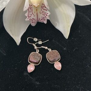 Chic Pink Quartz and Druzy Agate Sterling Dangle Earrings